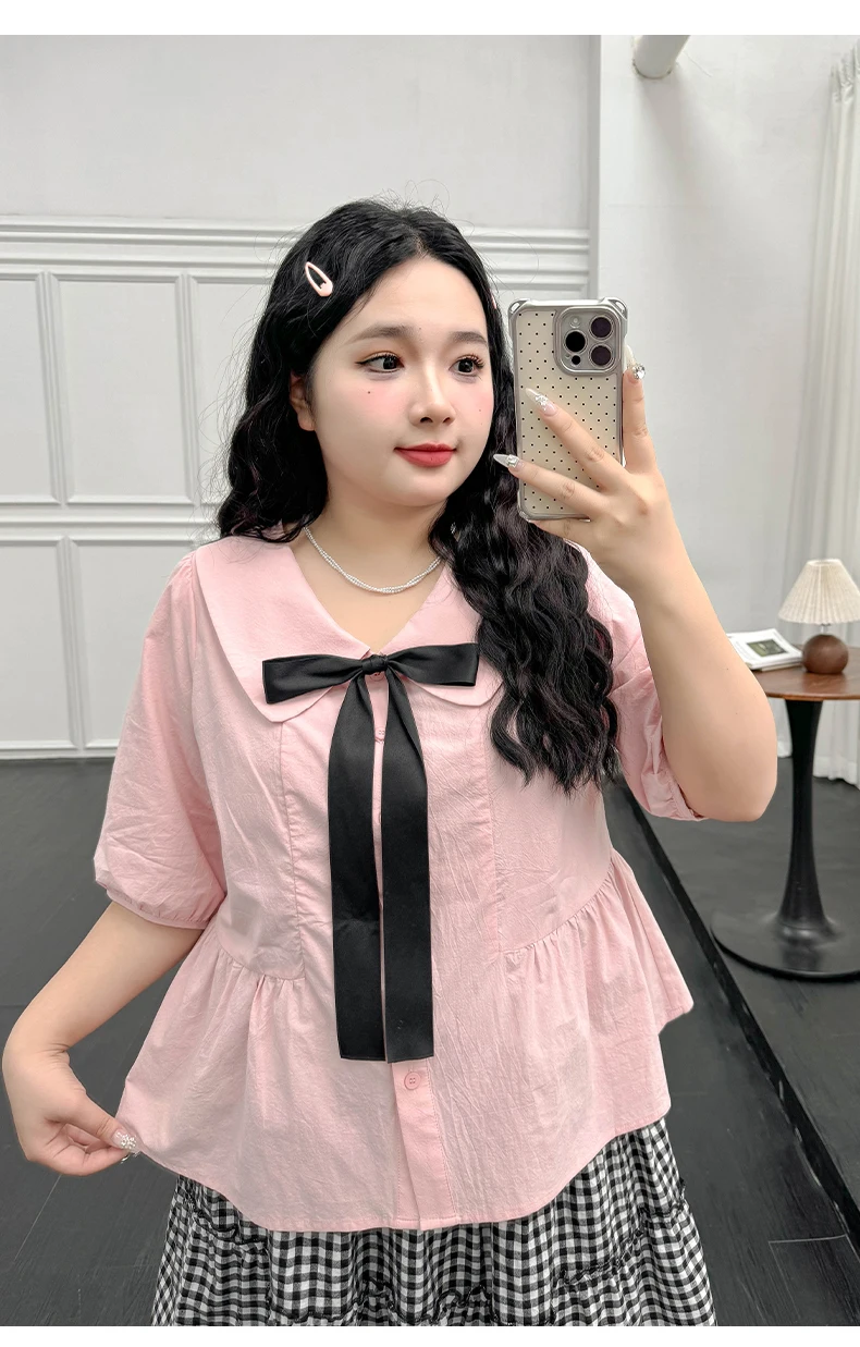 Large Size Sweet Bow Cute Peter Pan Collar College Pink Short Sleeve Shirt Girl 2025 Summer New Korean Age-reducing Lolita Top