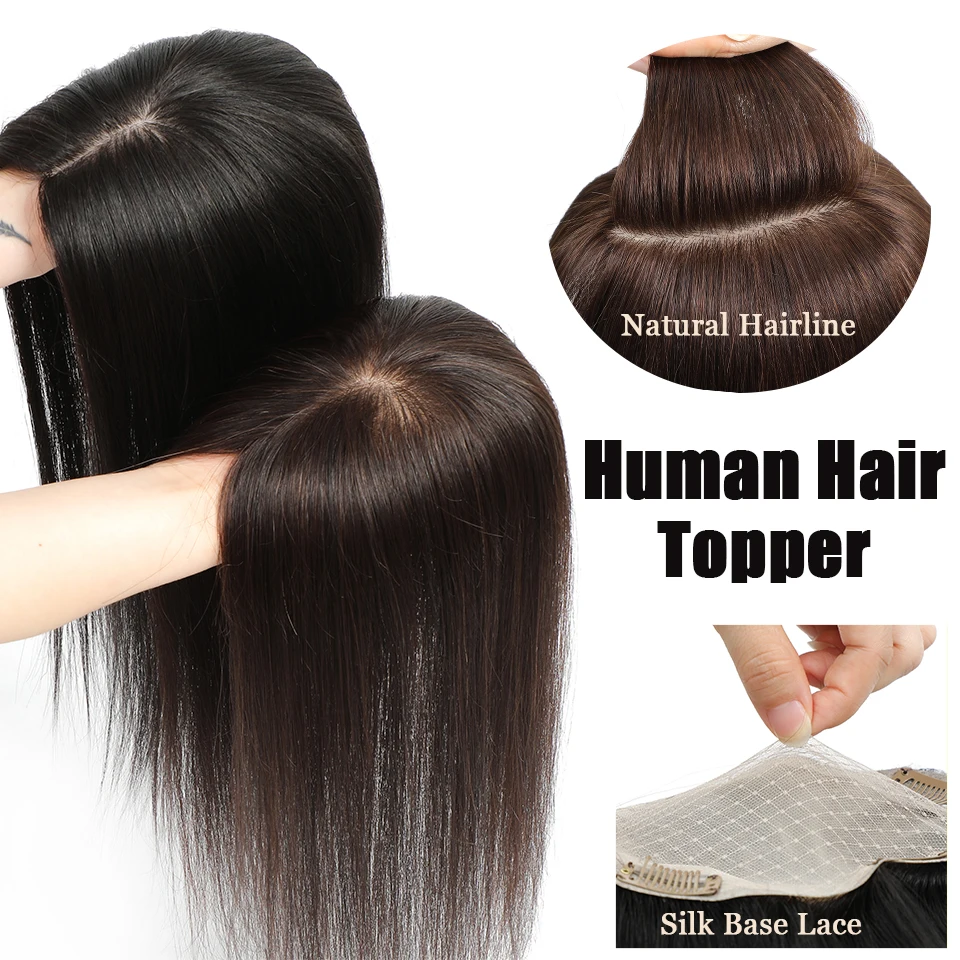 Joneous cabelo humano topper cabelo real em linha reta base de seda renda invisível feminino cabelo humano topper clipes na extensão hairpieces