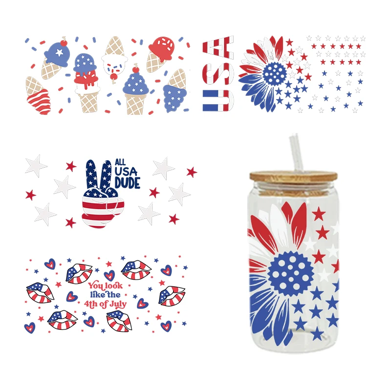 3D UV DTF Transfers Stickers, 16oz Cup Wraps, 4th Of July, Printed for DIY Glass, Ceramic, Metal, Leather, Etc. D2509