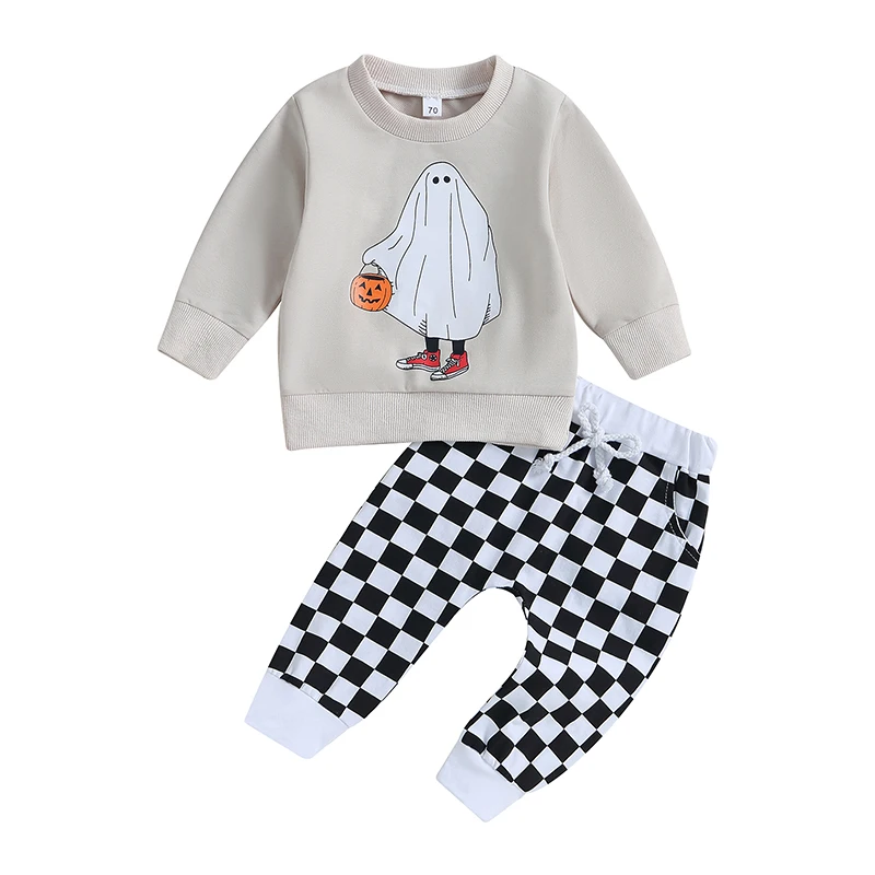 2023-06-12 Lioraitiin 0-3Years Toddler Boy Girl 2Pcs Halloween Outfits Long Sleeve Cartoon Sweatshirt Checkerboard Pants Set