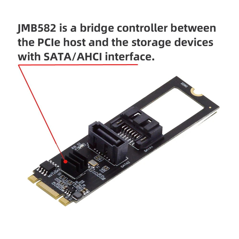 NGFF Key B+M PCI Express to SATA 3.0 6Gbps Dual Ports Vertical Adapter Converter Hard Drive Extension Card JMB582