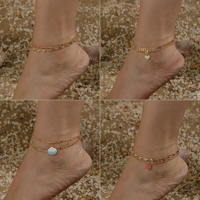 女性のためのゴールドカラーマルチレイヤーチェーンanket、イミテーションパール、シェルチャーム、ビーチジュエリーアクセサリー、夏のファッション