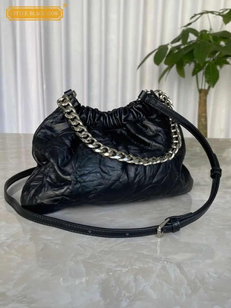 Vintage Women Pleated Cowhide Genuine Leather Shoulder Bag Elegant Ladies Chain Underarm Bags Hobos Style Strap Crossbody Bag