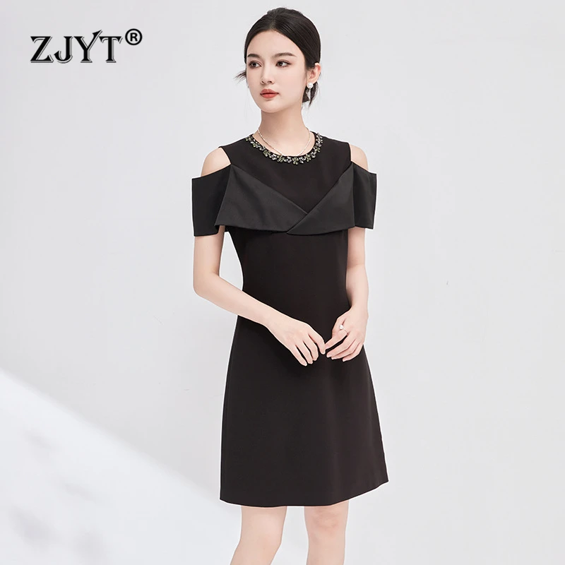 

ZJYT Elegant Beading O Neck Summer Dresses for Women 2024 Fashion Short Sleeve Off The Shoulder Party Dress Pink Black Vestidos