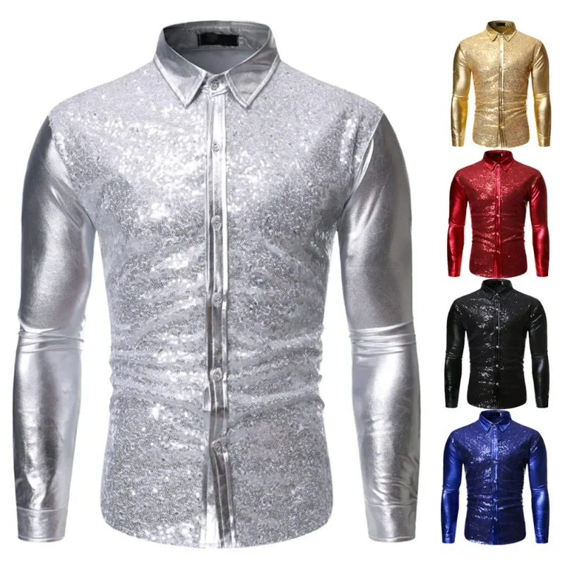 Silver Metallic Sequins Glitter Shirt Men 2023 New 70's Disco Party Halloween Costume Chemise Homme Stage Performance Shirt Male