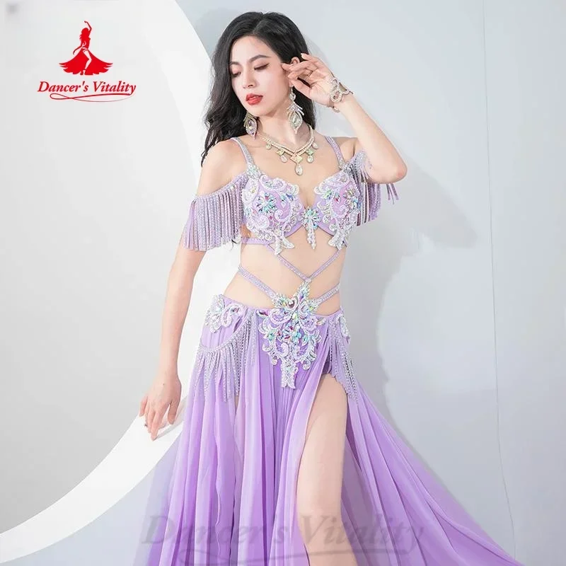 Belly Dance Performance Set Exquisite Pearl Bra+Tassel Chiffon Long Skirt 2pcs Adult Women's Oriental Dance Competition Costumes