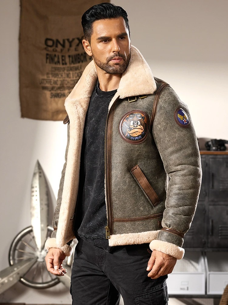 

Men's sheepskin sheared wool jacket motorcycle wind fur coat multicolor leather short winter parka coat