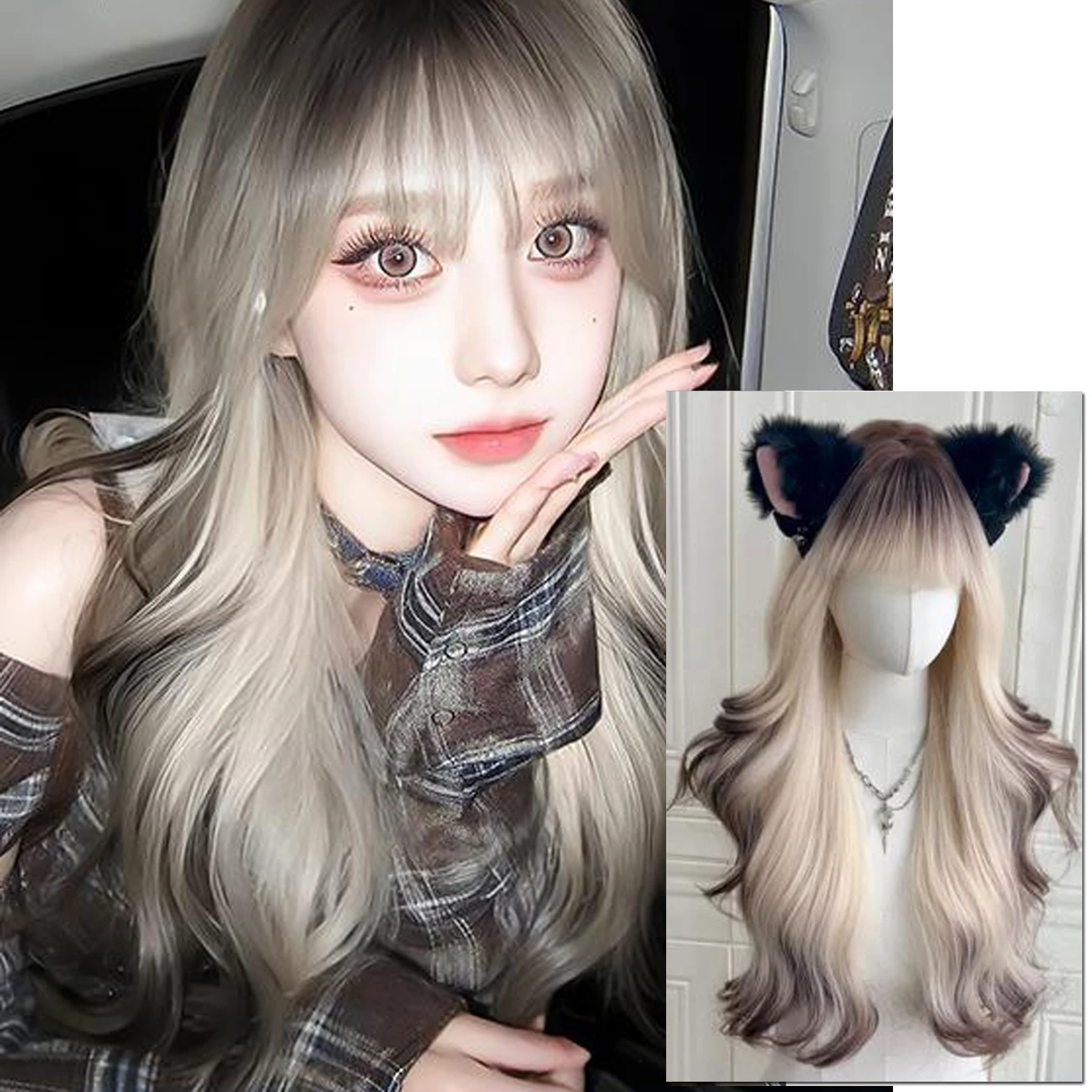 XIYUE Synthesis New Wig Female Long Hair Universal Black and White Gradient Wig Wavy curls Full Head Cover Wigs with Bangs