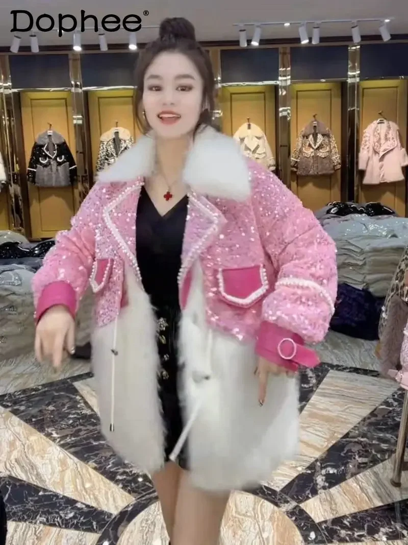 High-End Fox Fur Faux Fur Coat Women\'s Heavy Sequin Stitching Mid-Length Fur Jacket Overcoat 2022 Winter New Plush Furry Coats