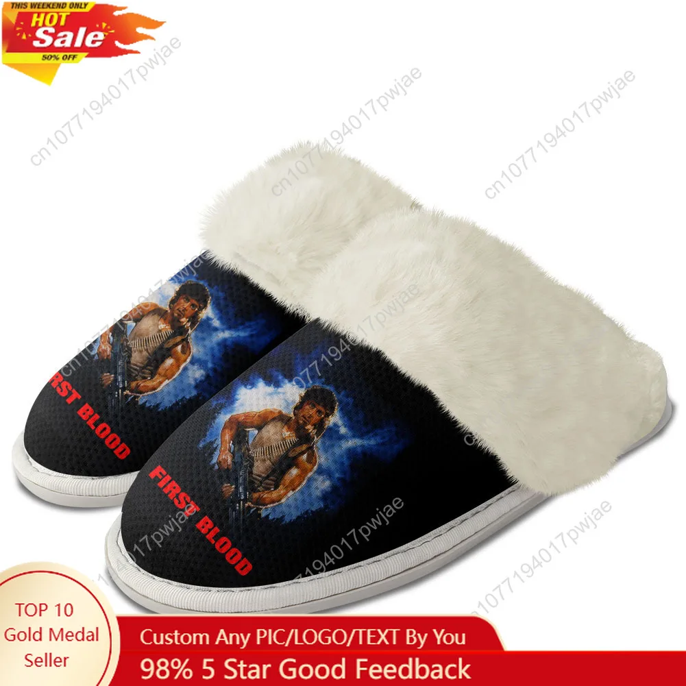 

John Rambo F-First B-Blood Plush Slippers Keep Warm Shoes Mens Womens Home Cotton Bedroom Lightweight Warm Slipper Custom Shoes