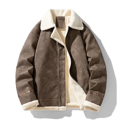 New American Vintage Thickened Fleece-lined Jacket Leather Clasp Men's Winter Warm Cotton-padded Coat Lamb Wool Sweater Jacket