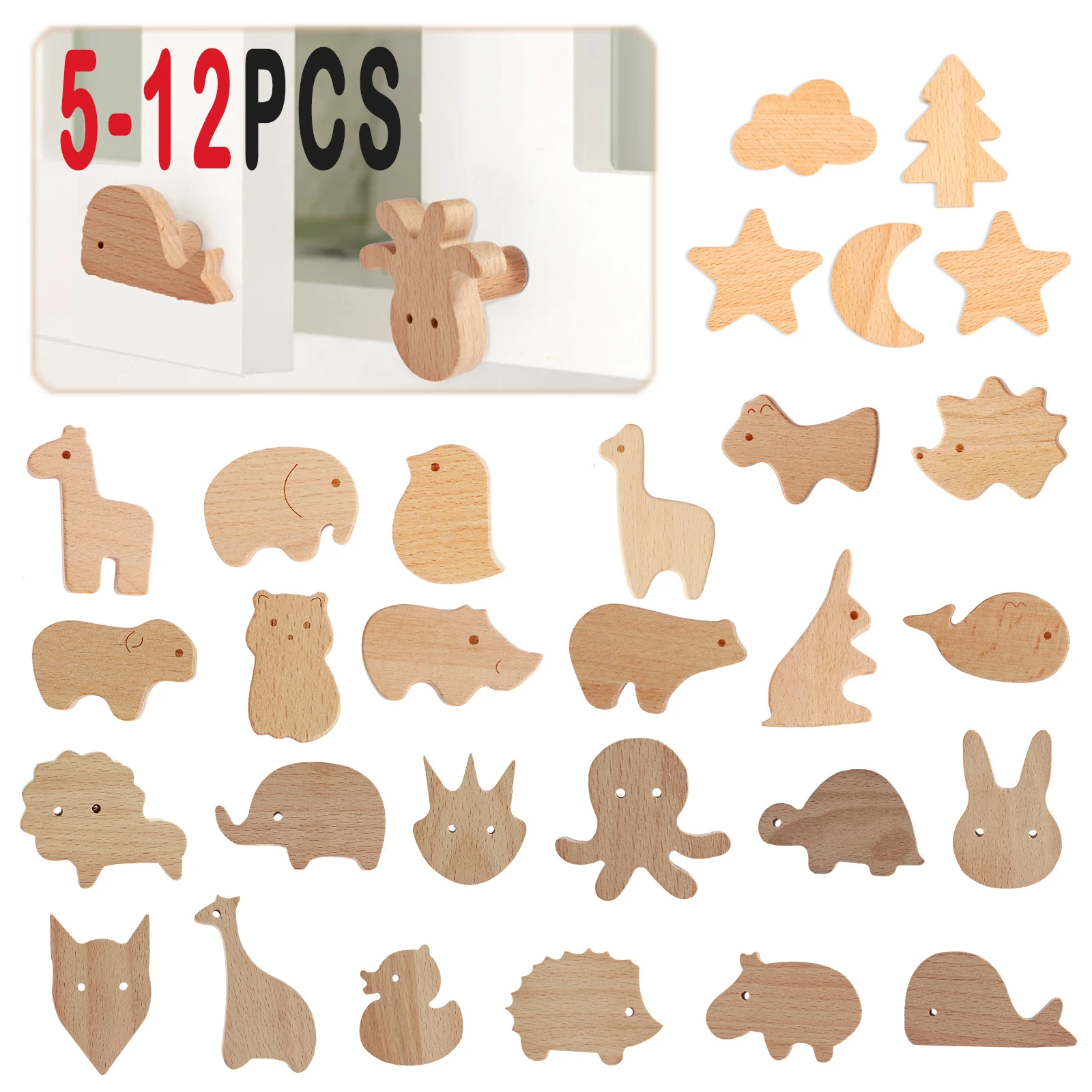 

5/6/12 PCS Multiple Shape Handles Drawer Wooden 2025 Furniture Knobs Cute Children Decoration Cabinet Wood Pulls Set for Bedroom