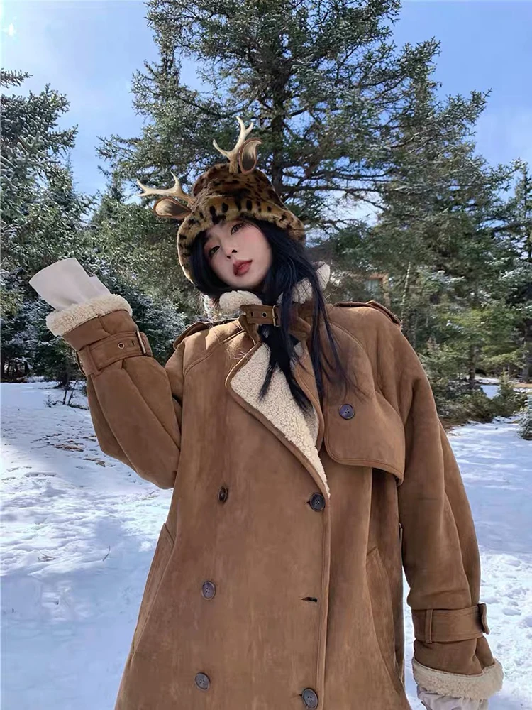 KBAT Winter Vintage Women Oversize Faux Woolen Coat Lambswool Patchwork Jacket Vintage Warm Long Thick Motorcycle Coats