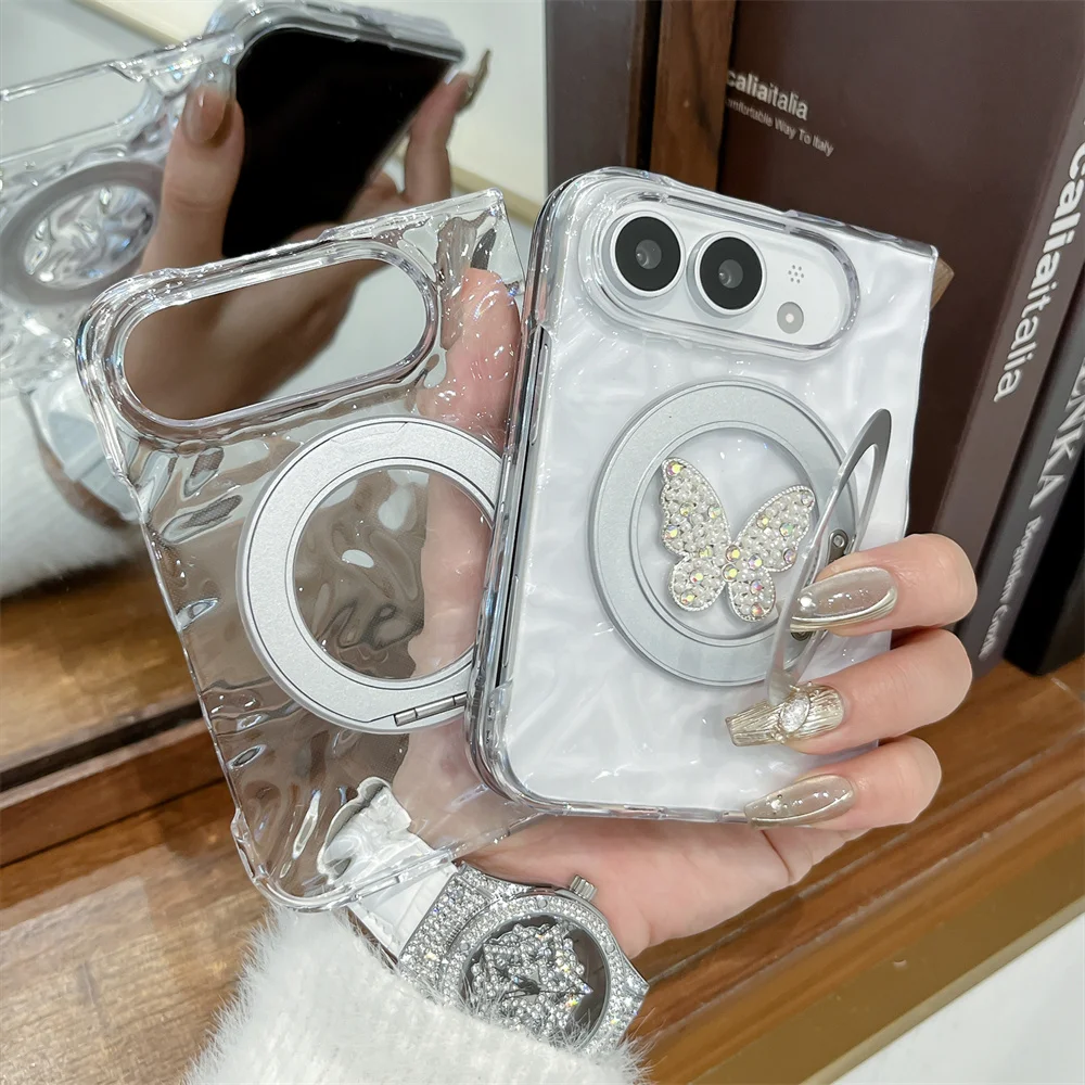Water Ripple Clear Phone Case For iPhone Duo Fold Magnetic Ring Stand Butterfly Hinge Protection Shockproof Cover For Women
