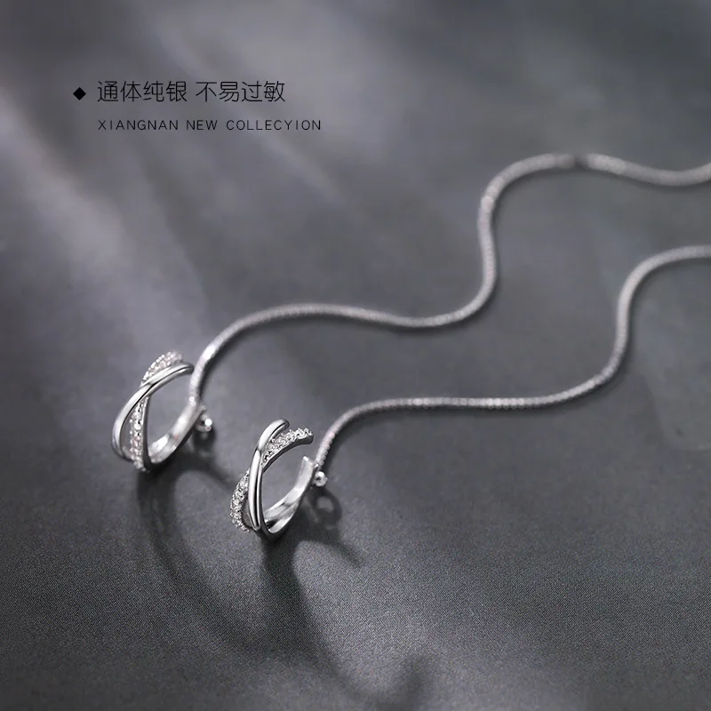 Real 925 Sterling Silver Double Chain Clip On Earring Ear Cuff For Women Without Piercing Earring Jewelry Huggies DB1352 - view 2