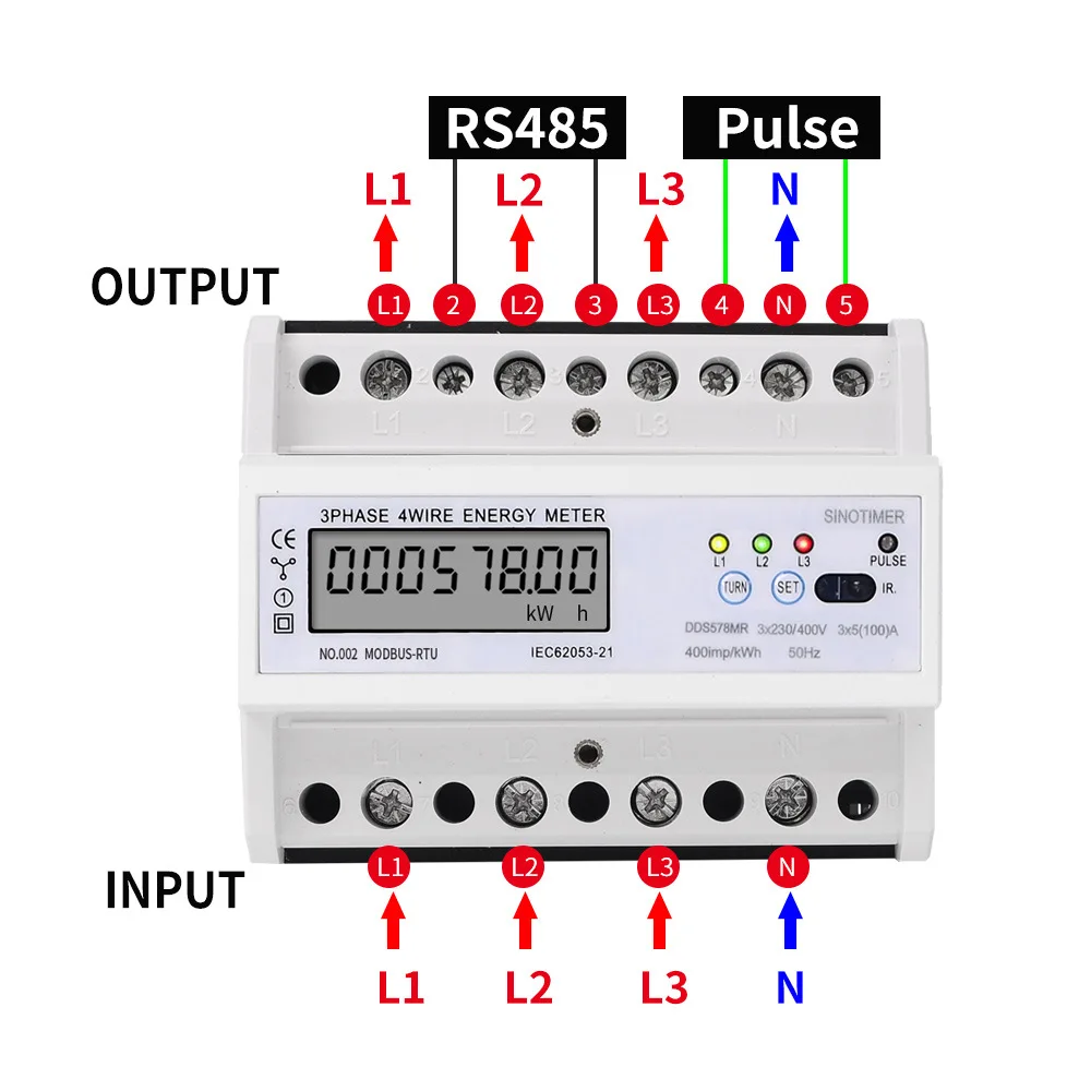 Three Phase Watt Hour Meter LCD Display Multifunction 380V Rail Type 7P Electric Energy Meter 5(100)A with RS485 Communication