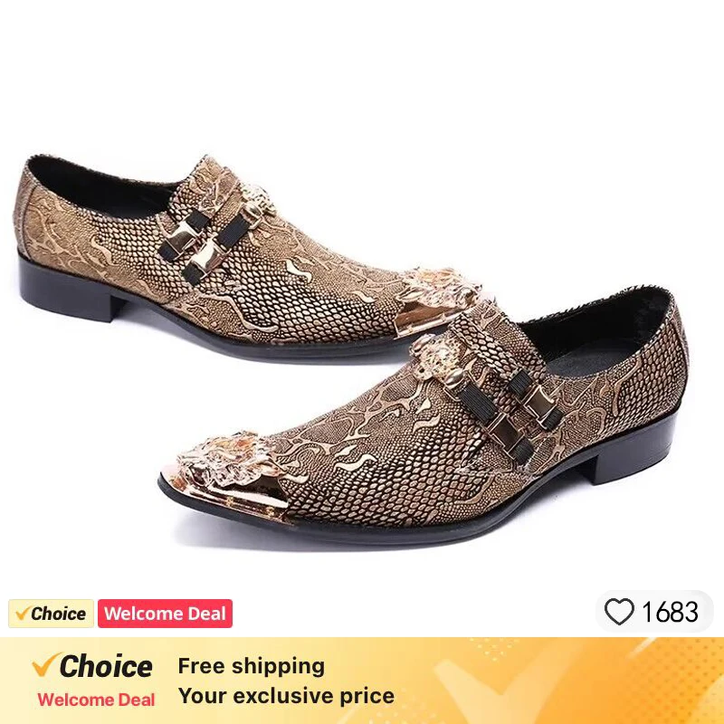 

Men's Brown Snakeskin Pointed Toe Dress Shoes Exotic Leather Fashion Party Formal Shoes Designer Footwear for Wedding, Stage or