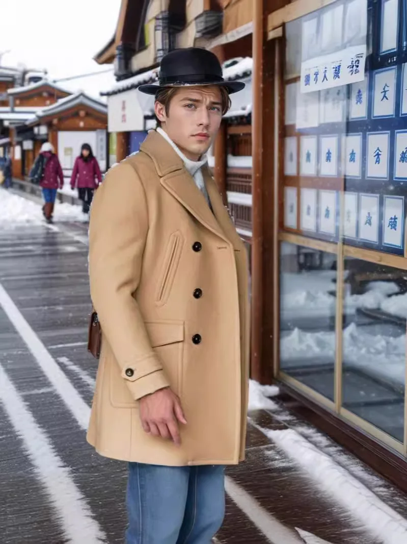 

Men's Mid-Length Long Sleeve Woolen Coat British Style Winter Outerwear Thickened Double-Breasted Casual Fashion