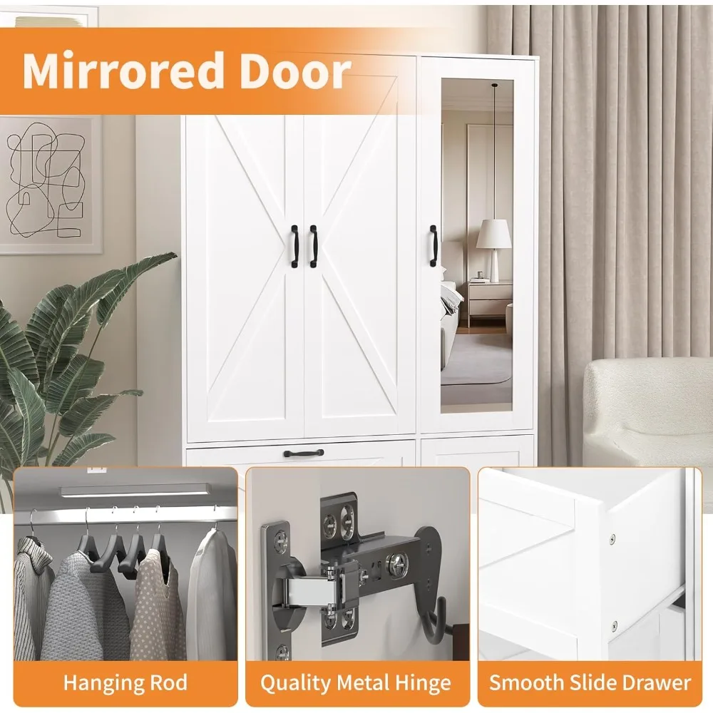 

Armoire Wardrobe Closet with Mirror Door, 3 Doors Farmhouse Bedroom Armoire with Drawers and Adjustable Shelves