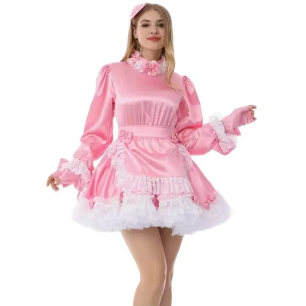 

French Sexy Adult Customized fetishist Crossdressing Sissy Pink Mid Neck Long Sleeve Lace Lace Gloves Independent Apron Dress