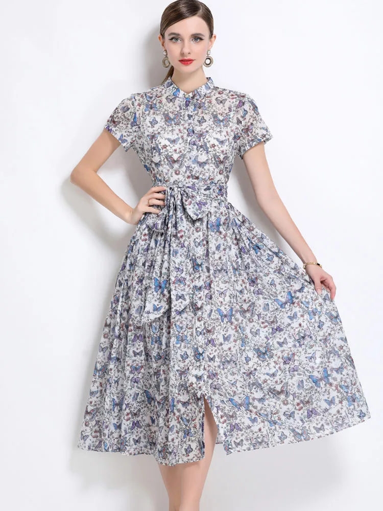 

Retro Temperament Summer Fashion Butterfly Print Chiffon Dresses For Women Short Sleeve Casual Belt A-Line Dress Vestidos