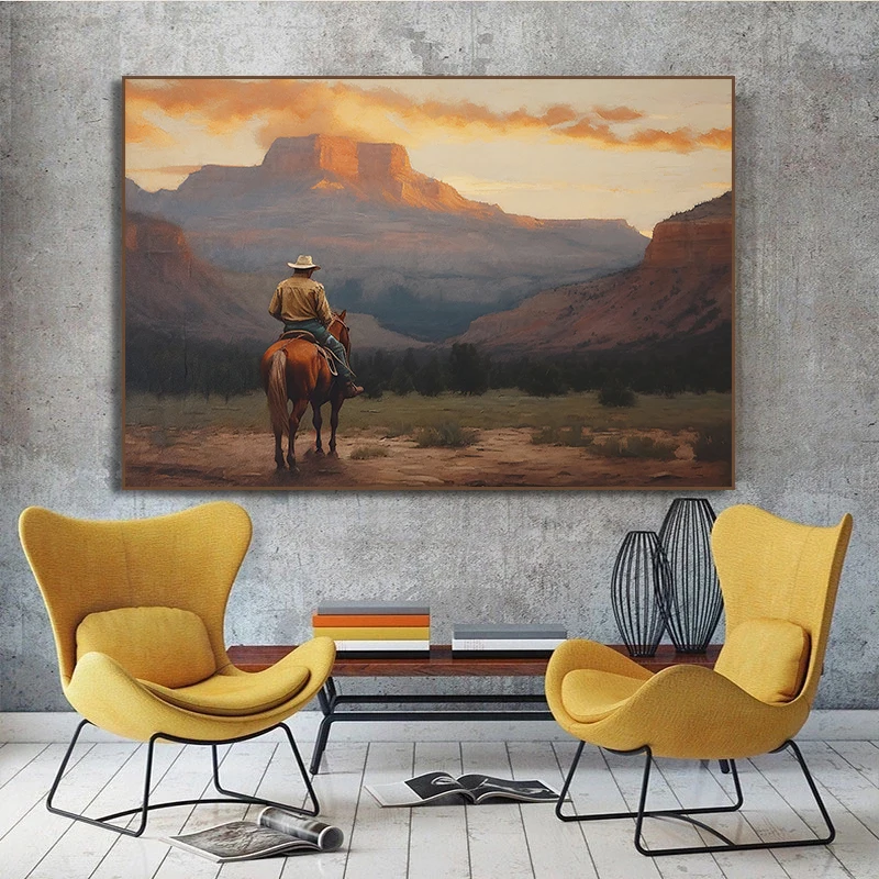 Vintage Western Landscape Cowboy Poster Watercolour Rustic Horse Mountain Canvas Painting, Wall Art for  Room Home Decor Mural