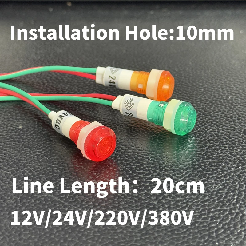 

10pcs With Wire 20cm Indicator XD10-6 Refrigerator Freezer Water Boiler Signal Light Hole 10mm12V/24V/220V/380V