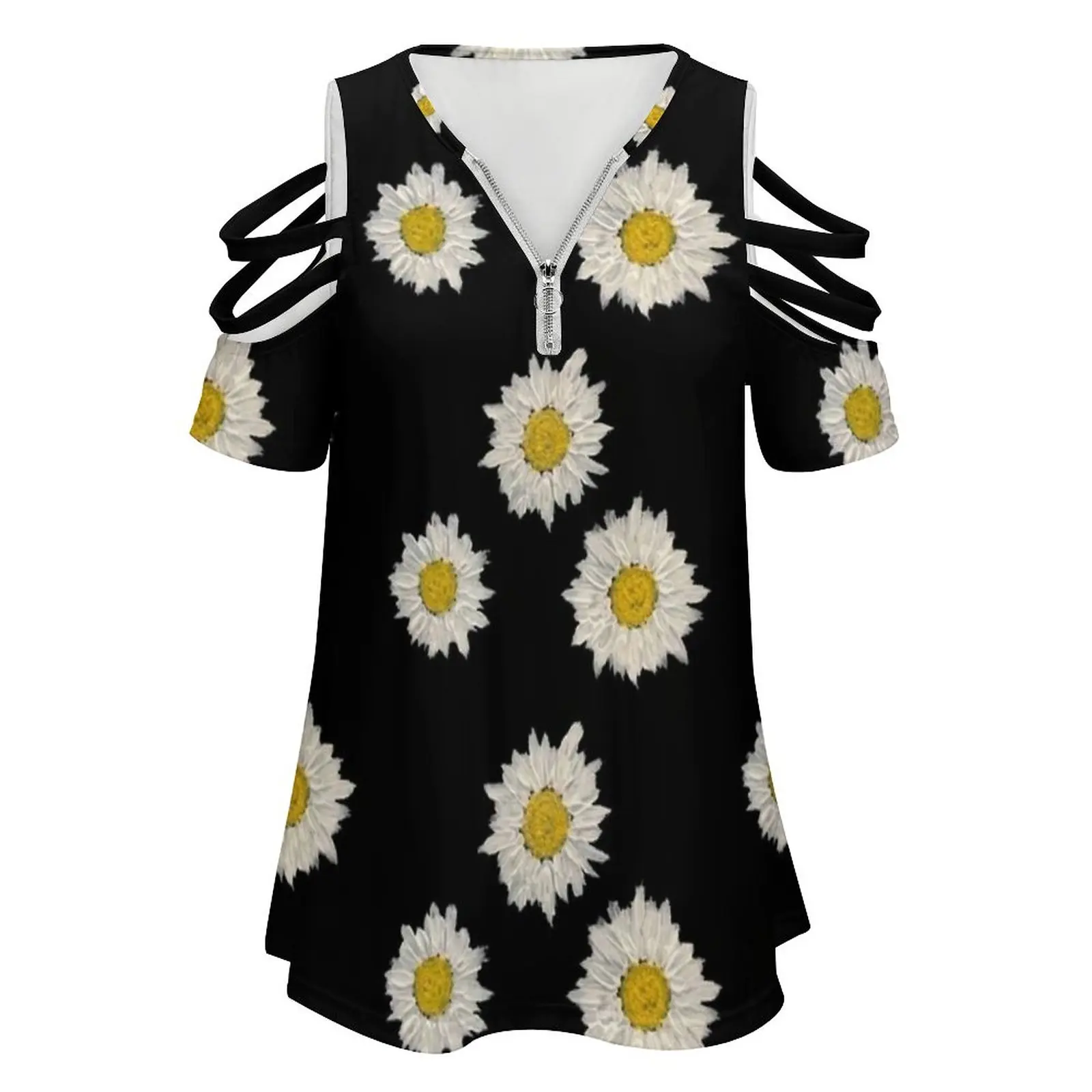 Daisy Day Women's T-Shirt New Fashion Printed Zipper V-Neck Short Sleeve T Shirts Casual Plus Size Daisy Flower Trueartbybrenda