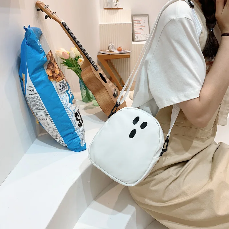 Women Black White Shoulder Bags Funny Cute Ghost Kawaii Women Canvas Bag Cartoon Harajuku Chic Ins Large Capacity Shopper Bag