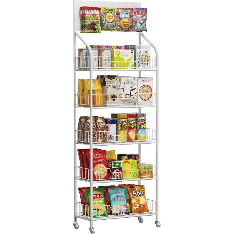 Retail Snack Display Stand, 5 Tier Snack Candy Potato Chip Display Rack Stand with Wheels & Hooks, Metal Wire Storage Sh