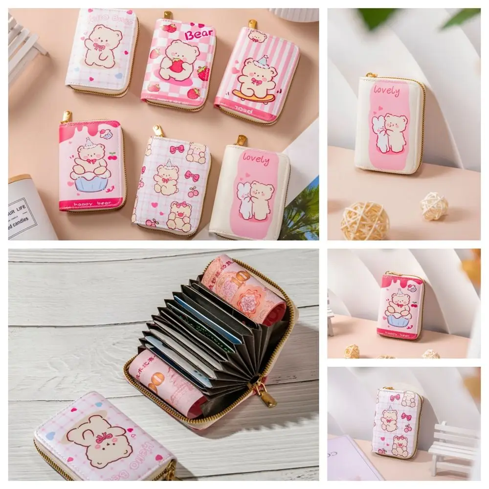 

Ins Lattice Cartoon Organ Card Bag Stripe PU Leather Bear Zipper Wallets Credit Card Holder Wallet Bow Girls