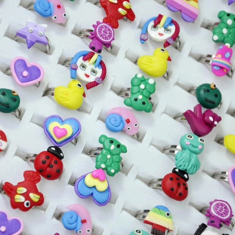 10pcs/lot Children\'s Cartoon Rings Candy Flower Animal Bow Shape Ring Set Mix Finger Jewellery Rings Kid Girls Toys Anillo