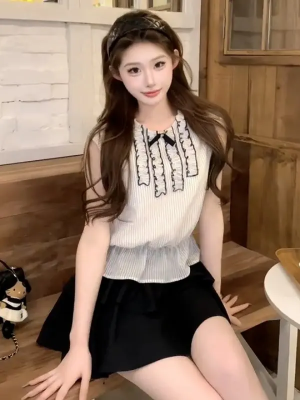 

Korean College Style Cake Skirt Top Bottom Set Women's Fashion Summer Outfit High Waist Fly Sleeve Breathable Slim Fit Shirt