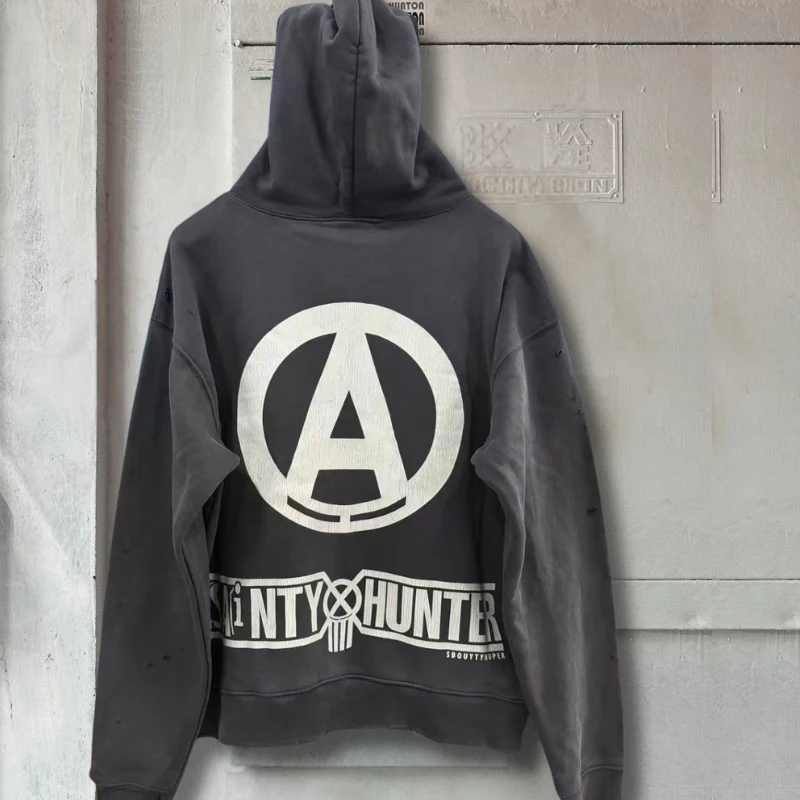 American Street Vintage Distressed Washed Worn Hole Saint Jackets Cracked Letter Logo Zipper Hoodie Oversize Hoodys Men Women