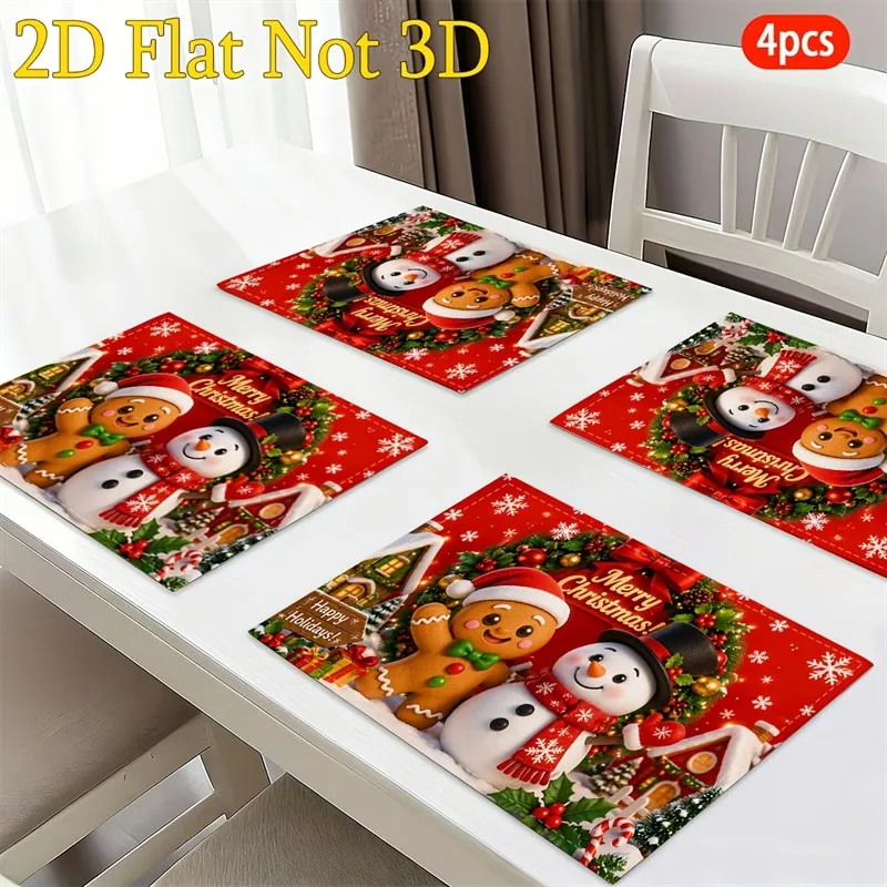 VIKAMA Christmas Linen Placemat, Santa Reindeer Sleigh Winter Forest Scene, Washable, Festive Dinner Kitchen