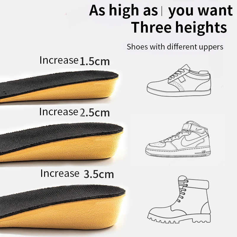 1.5-3.5cm Invisiable Height Increase Insoles for Women Men Yellow Shoes Sole Pad Breathable Shock Absorption Feet Care Cushion