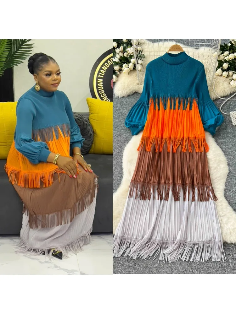 

Miyake Tassel Patchwok Color Block Dress for Women Pleated Puff Sleeve Mid-calf Dresses Fashion Female 2025 Autumn New