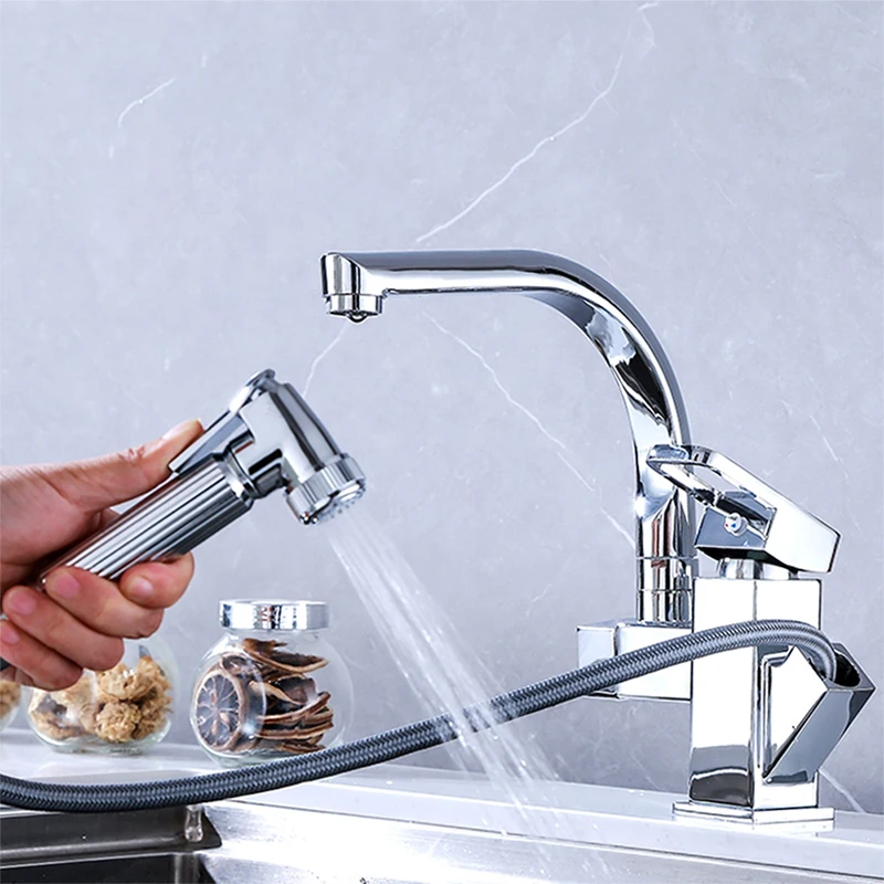 Stainless Steel Pull Out Kitchen Faucet With Swivel Spout High Pressure Sprayer 360 Rotating Spout Hot Cold Water Mixer Taps