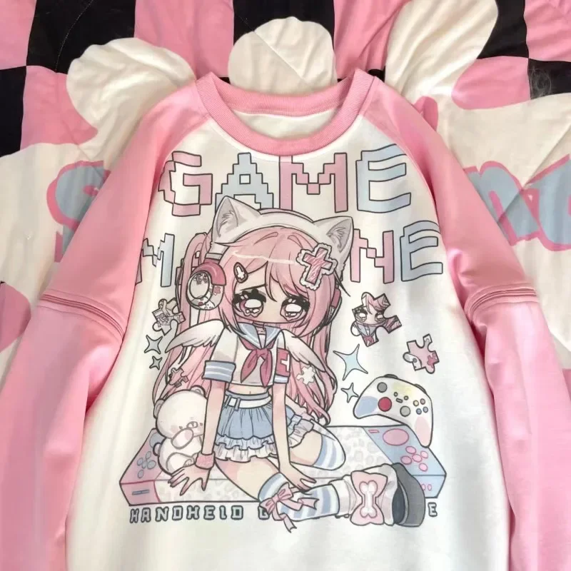 

Japanese Subculture Chic Pink Patchwork Long-sleeve Hoodie Kawaii Anime Girl Print T Shirt Women Sweet Zipper Loose Casual Tops