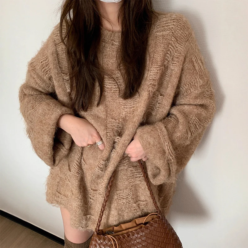 Lazy Style Frayed Sweater Women Autumn Winter Soft Warm Harajuku O-Neck Pullover Sweaters Y2K Trend Knitted Pullovers Tops Woman