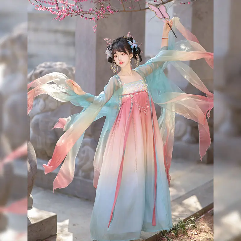 

Chinese Tang Dynasty Hezi skirt Hanfu fairy embroidery dress set summer