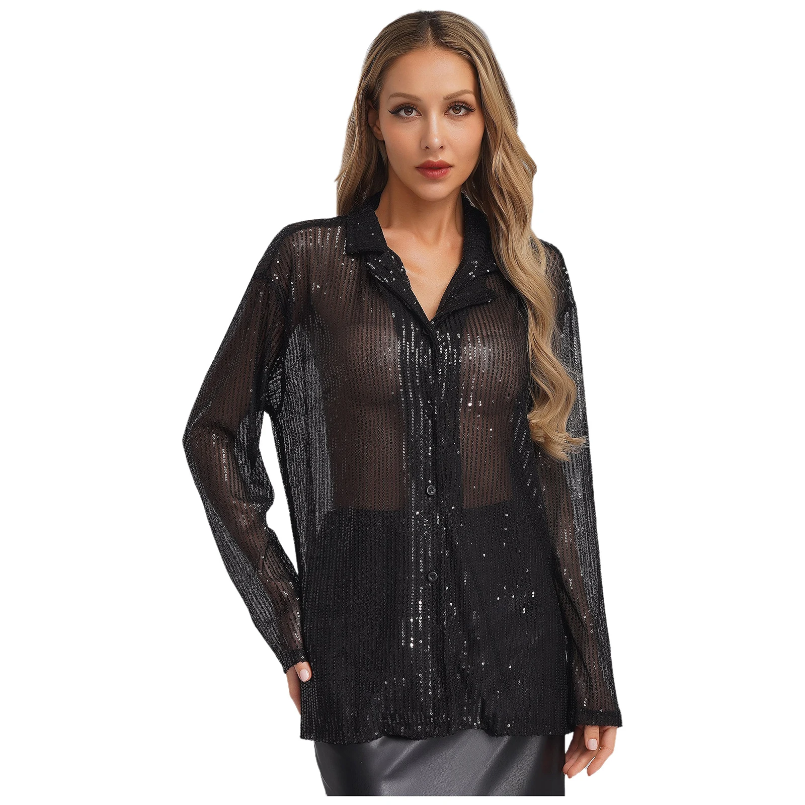 

Sexy Women Sequins Button Front Shirt Sparkly Translucent Long Sleeve Loose T-shirt Coat for Dinner Blouse Party Dressy Shirt