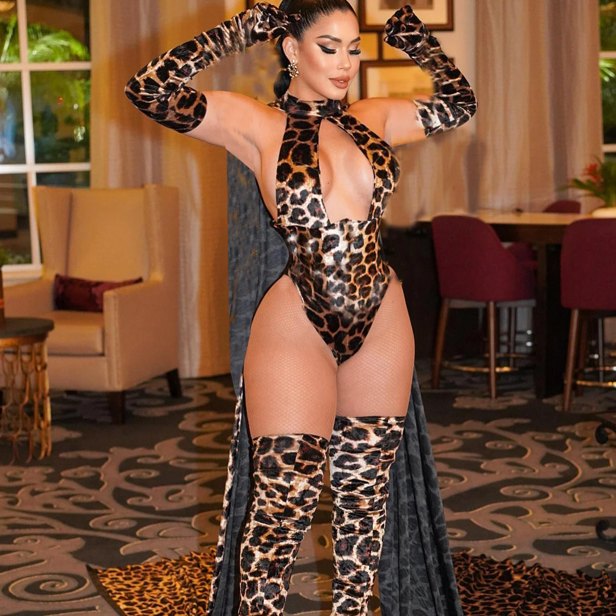 2025 Explosion Models Women\'s Sexy Lingerie Leopard Print Jumpsuit Hollow Jumpsuit Stockings Gloves Erotic three-piece Set