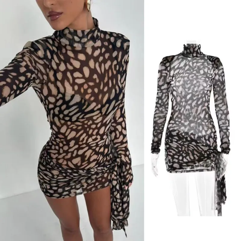 Sheer Sexy Leopard Mini Kleider Rollkragen High Street Kurzes Kleid Spitze-up Slim Fit Party Club Kleid Langarm kleid Für Frauen
