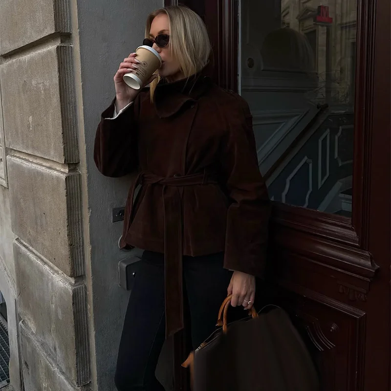 Damen Wildlederjacken mit Rollkragen, seitlicher Knopfleiste, langen Ärmeln und Gürtel – Herbst Streetwear mit Epauletten, einfarbig, locker geschnitten, neu – Detail 11