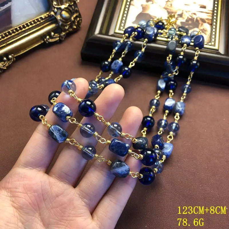 Retro blue necklace sweater chain  bohemian ethnic style lapis lazuli windable medium-length necklace