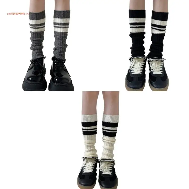 

Winter Fall Ribbed Knit Slouch Leg Warmer Preppy Student Striped Boot Covers Ruffled Trim Stakced Long Socks for Women