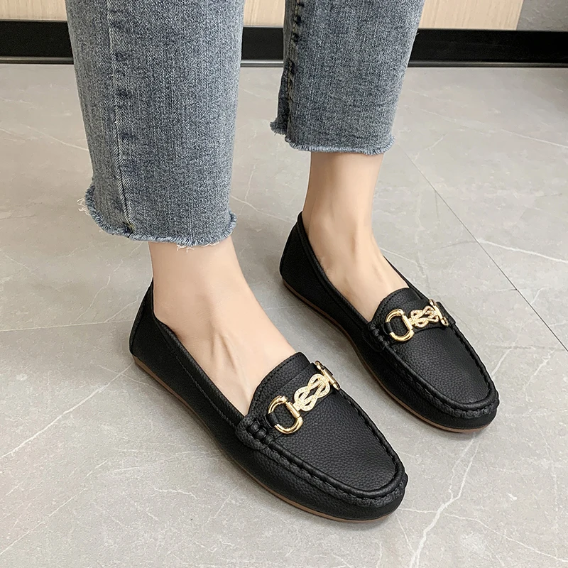 Fashion Chain Design Flat Loafers Leisure Women\'s Shoes Wear Out PU Leather Shoes Classic Shallow Mouth Shoes 2023 New Flats