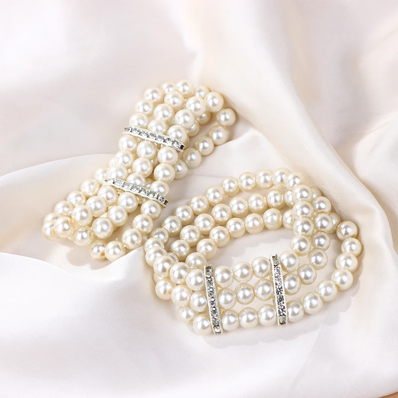 Pulsera de diamantes de imitación de perlas de 3 filas, pulsera elástica, brazaletes de cuentas multicapa de perlas de imitación, regalo de joyería para mujer