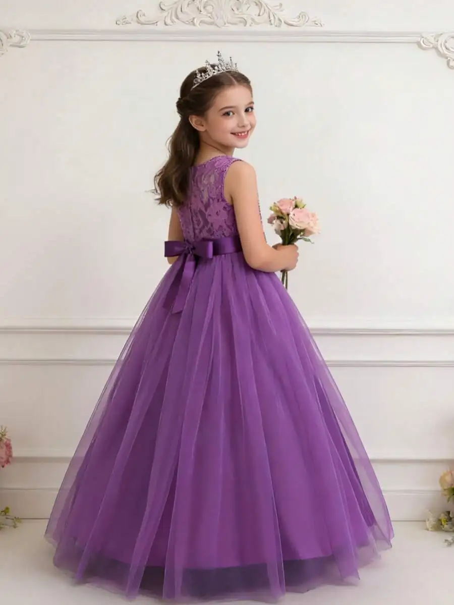 

Purple Ball Gown Tulle Evening Dress With Lace Bodice And Bow Waist